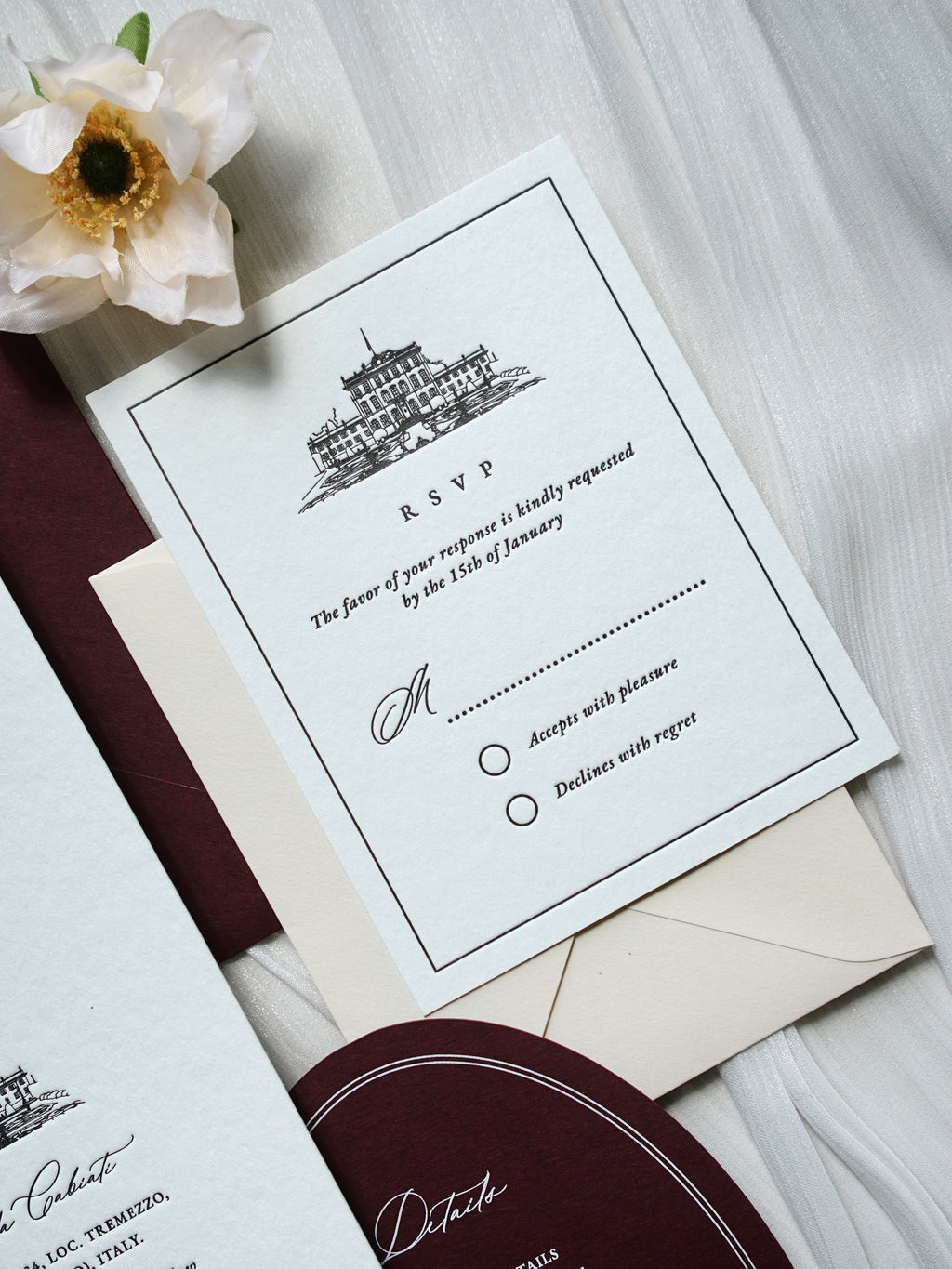 Letterpress Wedding Invitation Suite | Luxury Vintage Debossed with Burgundy Ribbon & Wax Seal