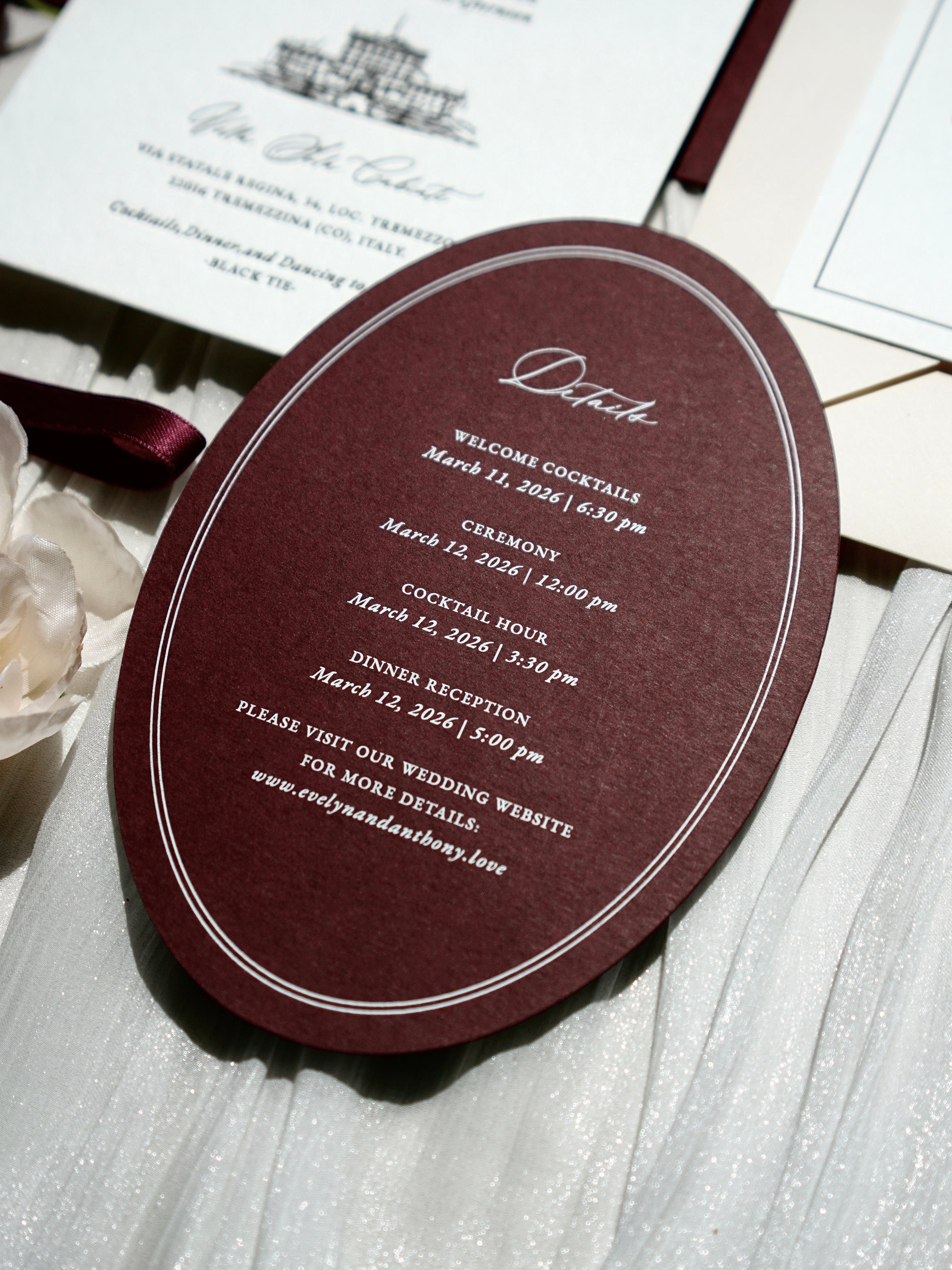 Letterpress Wedding Invitation Suite | Luxury Vintage Debossed with Burgundy Ribbon & Wax Seal