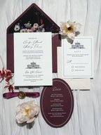 Letterpress Wedding Invitation Suite | Luxury Vintage Debossed with Burgundy Ribbon & Wax Seal