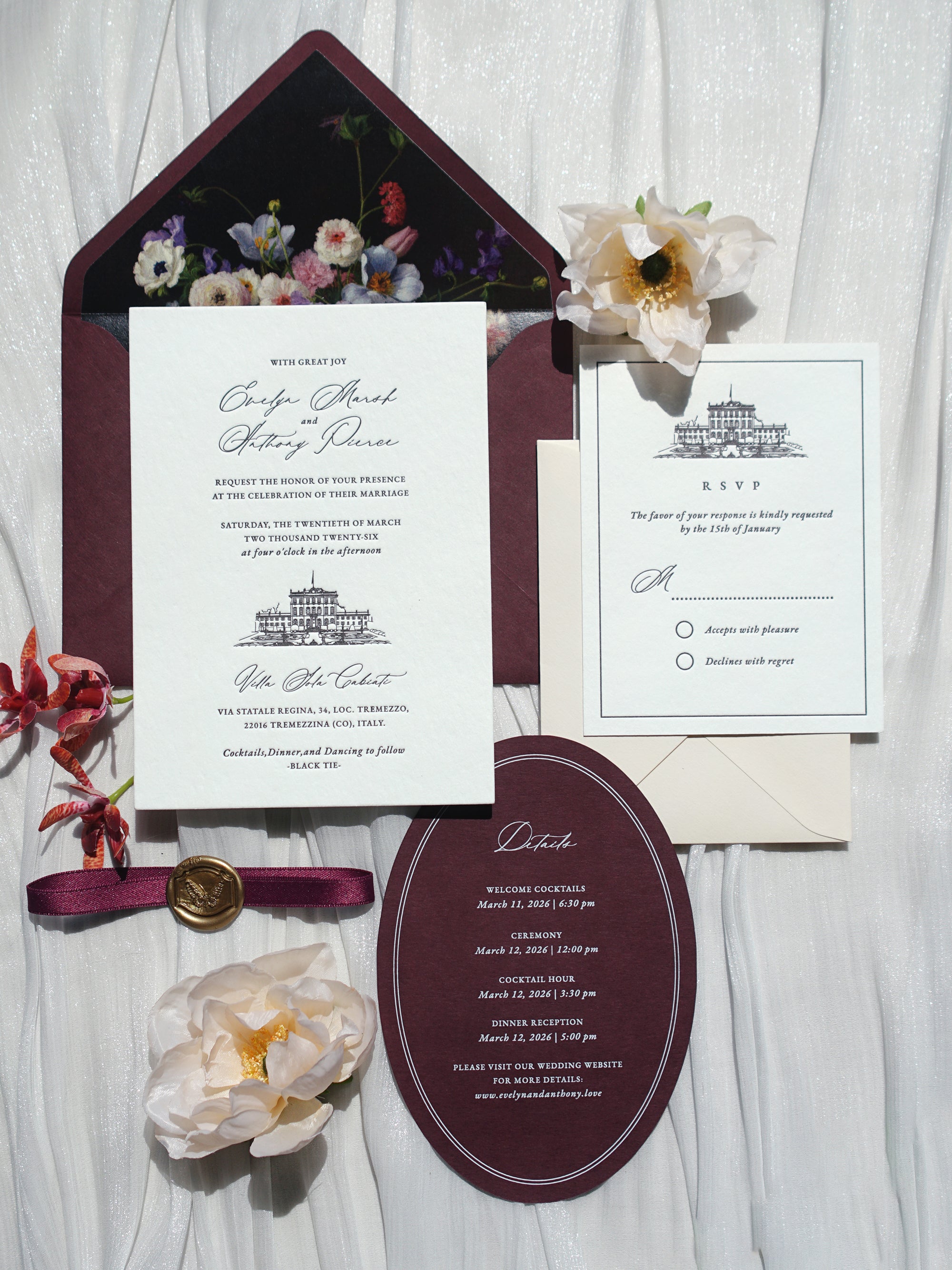 Letterpress Wedding Invitation Suite | Luxury Vintage Debossed with Burgundy Ribbon & Wax Seal