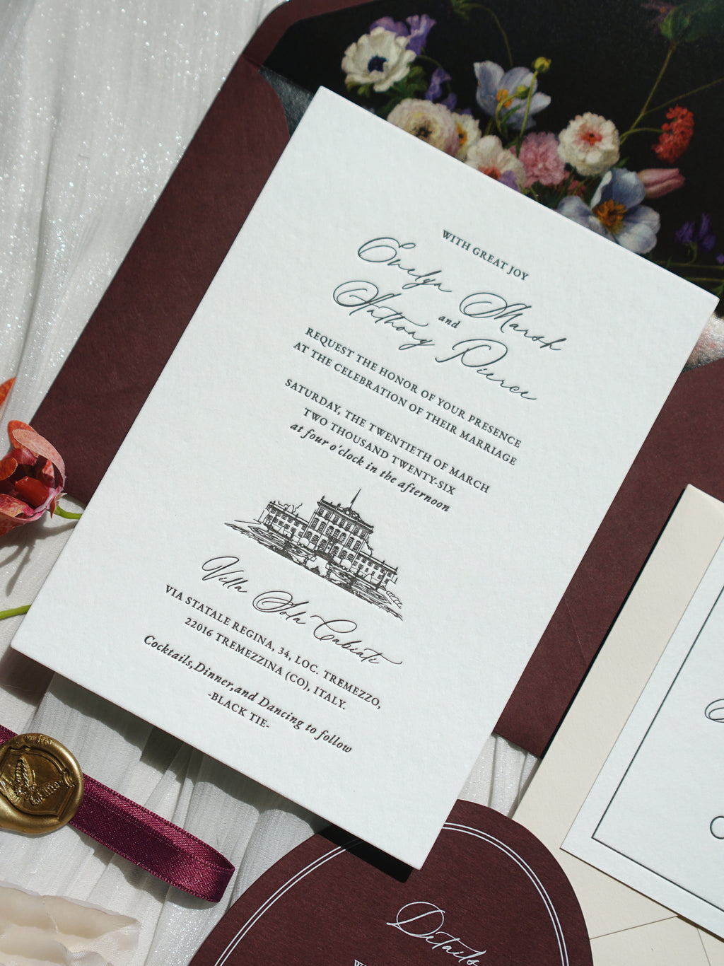 Letterpress Wedding Invitation Suite | Luxury Vintage Debossed with Burgundy Ribbon & Wax Seal