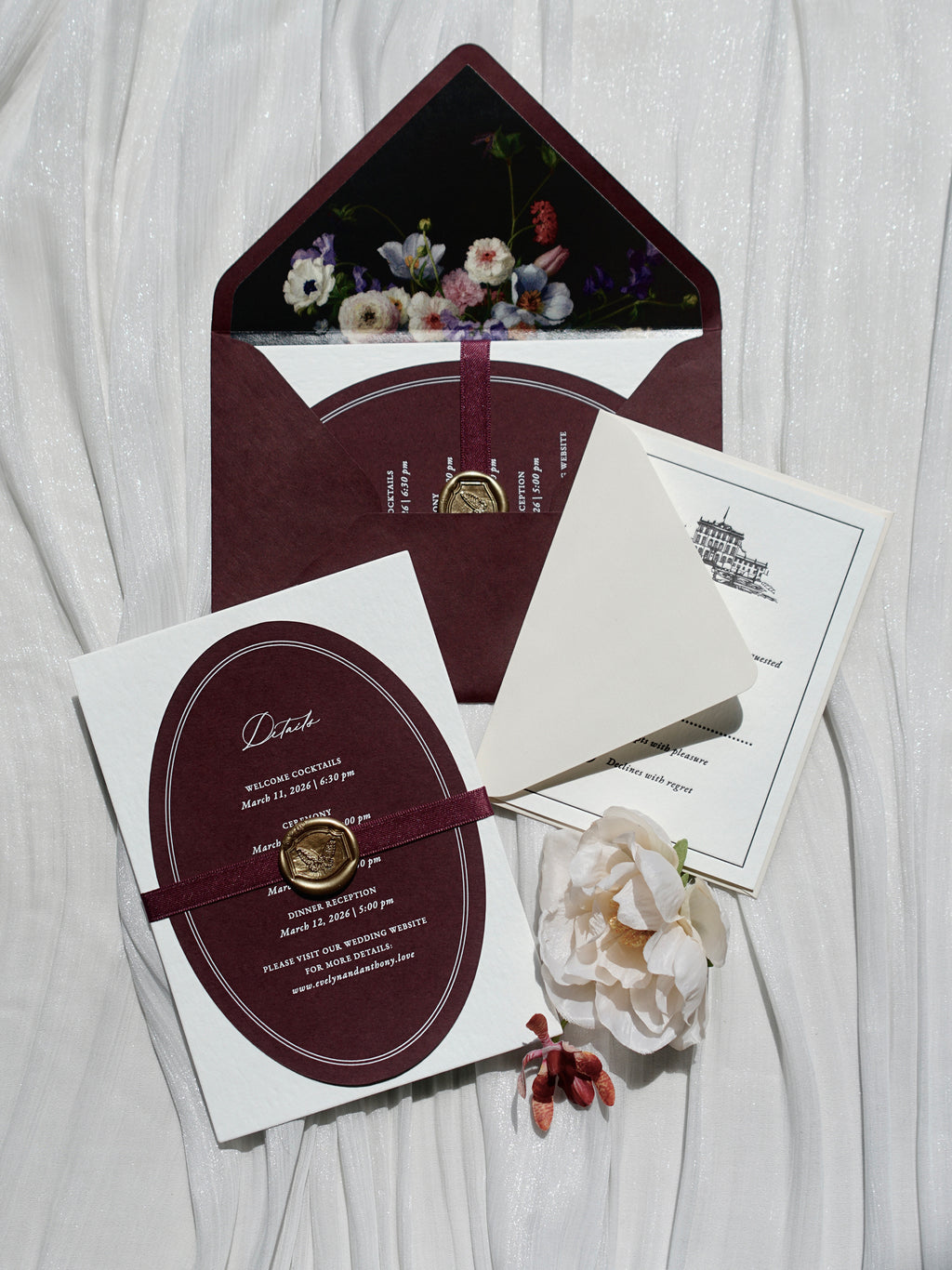 Letterpress Wedding Invitation Suite | Luxury Vintage Debossed with Burgundy Ribbon & Wax Seal