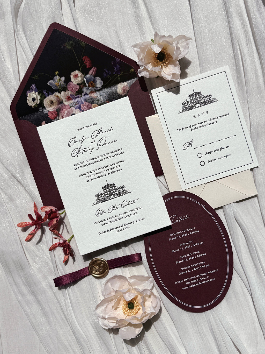 Letterpress Wedding Invitation Suite | Luxury Vintage Debossed with Burgundy Ribbon & Wax Seal