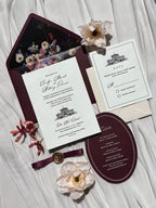 Letterpress Wedding Invitation Suite | Luxury Vintage Debossed with Burgundy Ribbon & Wax Seal