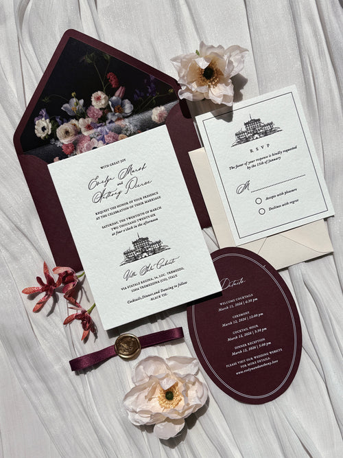 Letterpress Wedding Invitation Suite | Luxury Vintage Debossed with Burgundy Ribbon & Wax Seal