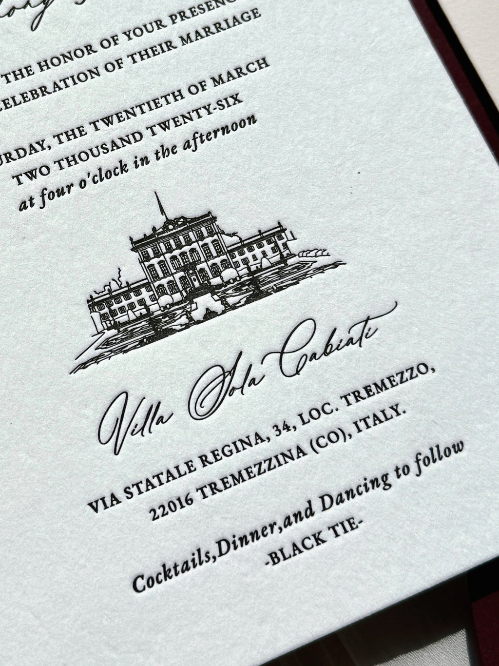 Letterpress Wedding Invitation Suite | Luxury Vintage Debossed with Burgundy Ribbon & Wax Seal