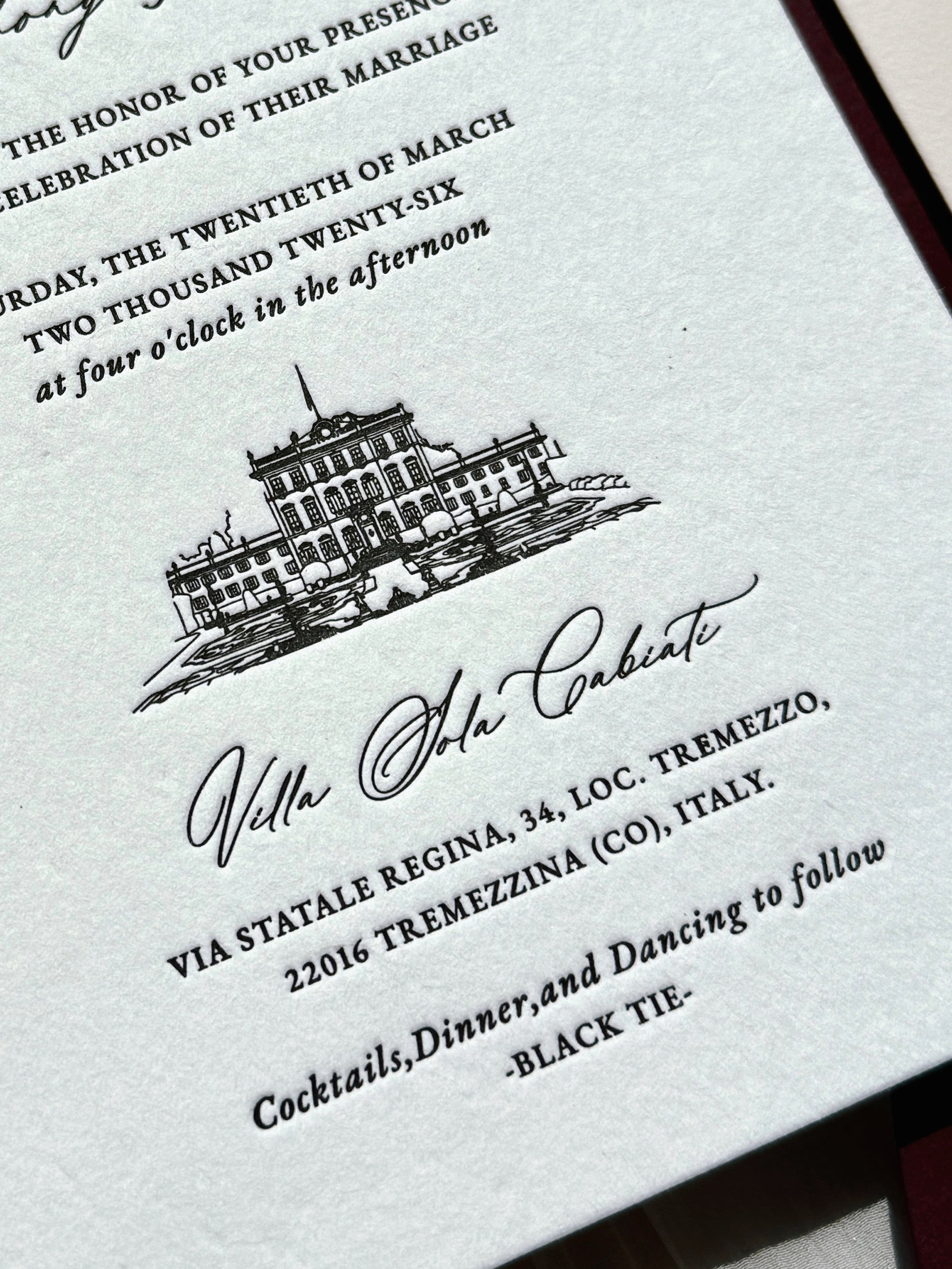 Letterpress Wedding Invitation Suite | Luxury Vintage Debossed with Burgundy Ribbon & Wax Seal