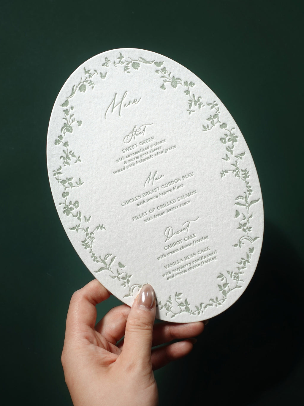 Oval Letterpress Wedding Menu Card, Garden Floral Reception Decor, Custom Elegant Dinner Menu