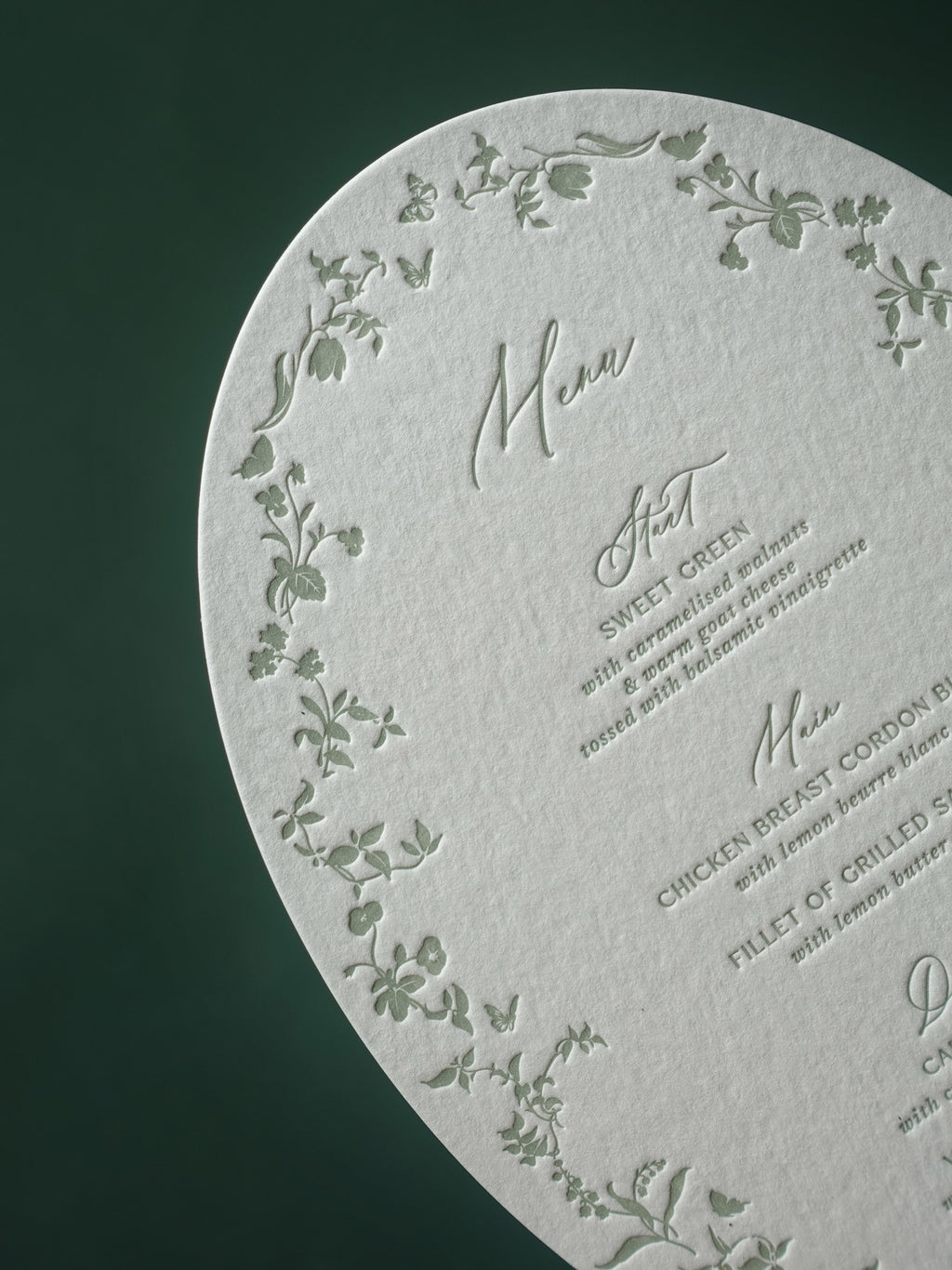 Oval Letterpress Wedding Menu Card, Garden Floral Reception Decor, Custom Elegant Dinner Menu