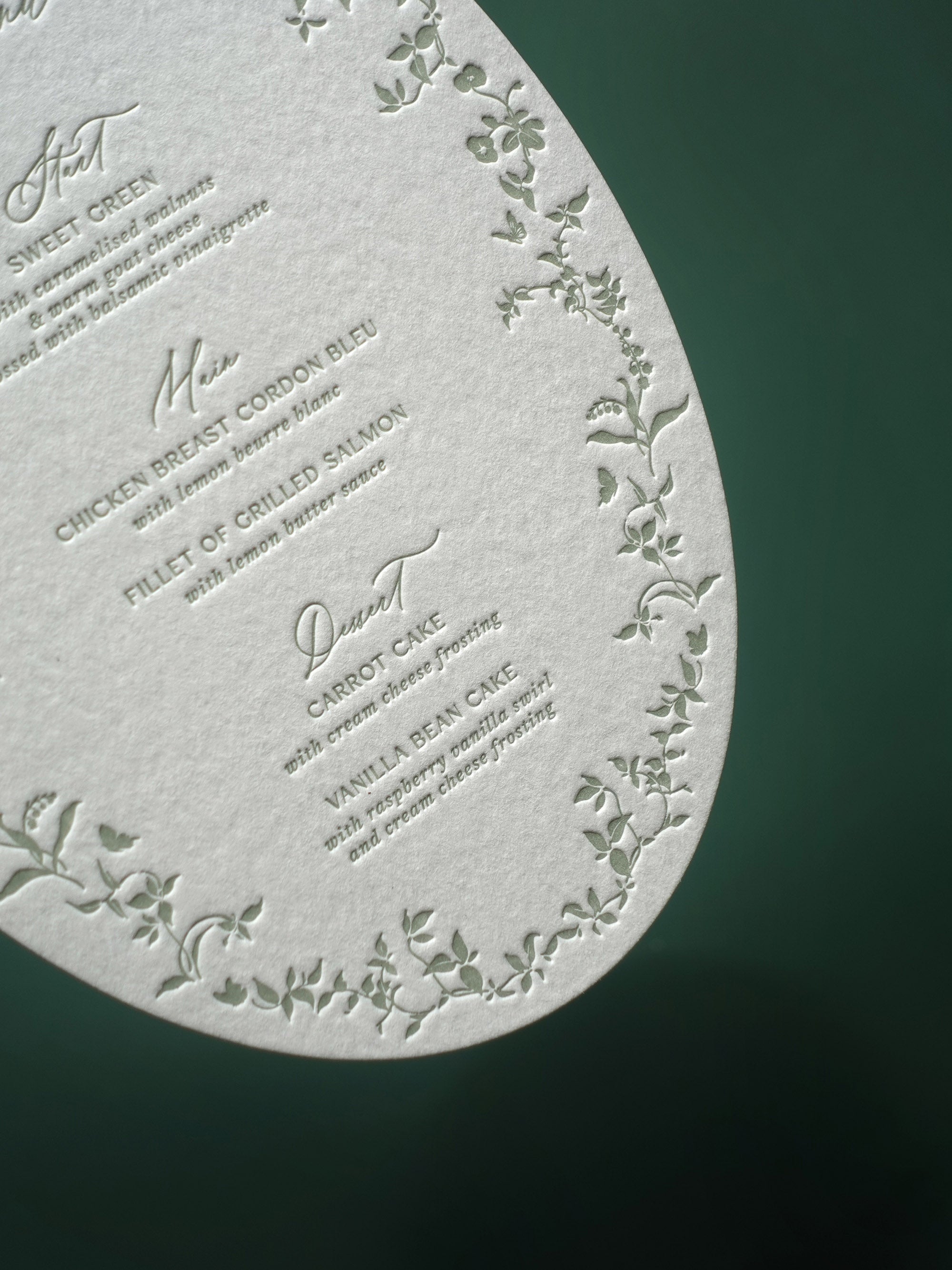 Oval Letterpress Wedding Menu Card, Garden Floral Reception Decor, Custom Elegant Dinner Menu