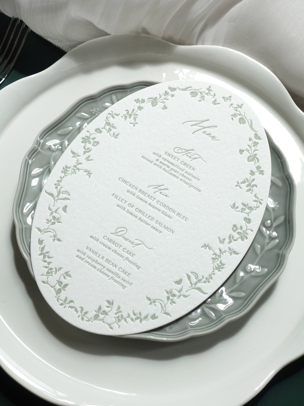 Oval Letterpress Wedding Menu Card, Garden Floral Reception Decor, Custom Elegant Dinner Menu