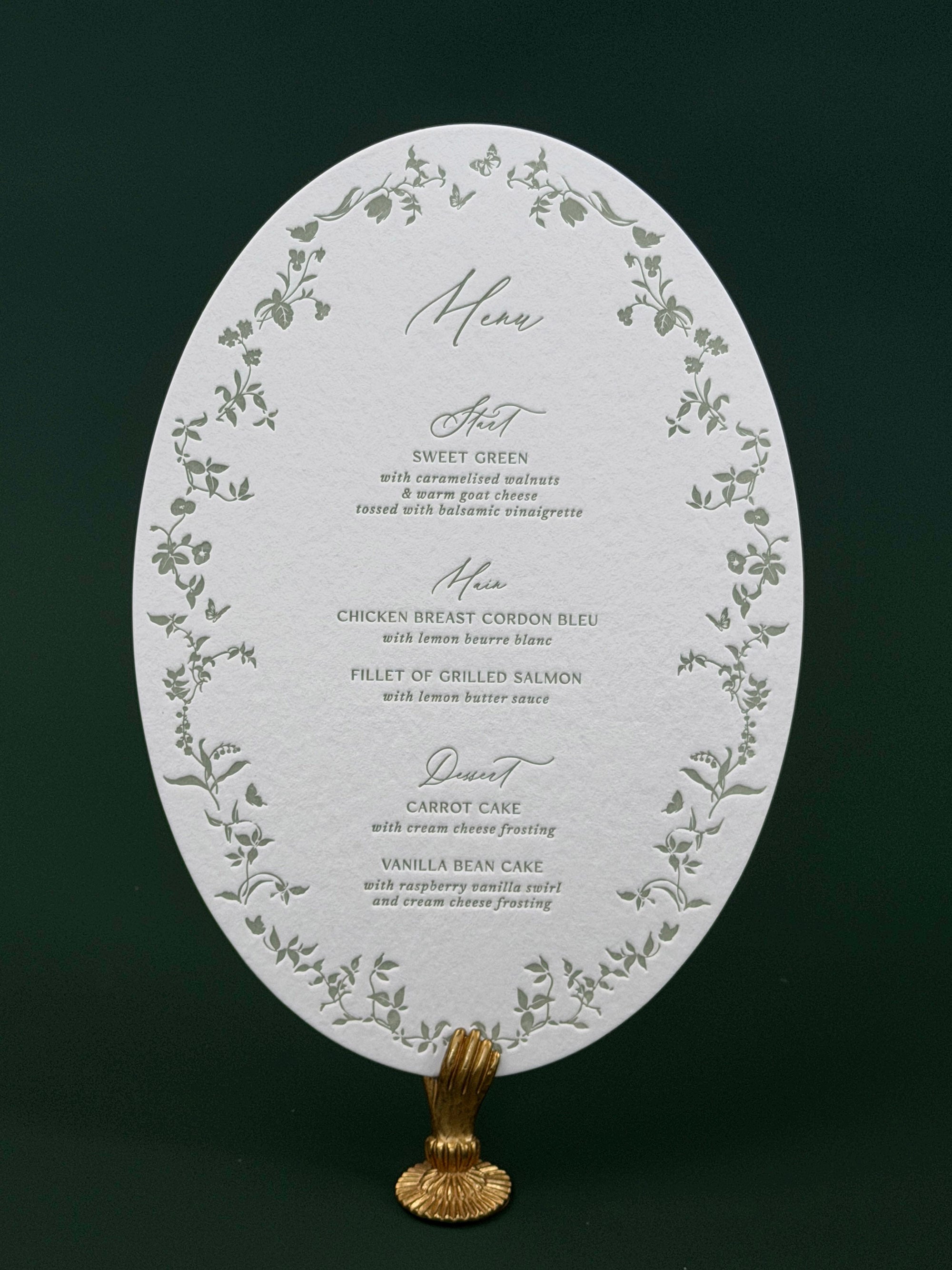 Oval Letterpress Wedding Menu Card, Garden Floral Reception Decor, Custom Elegant Dinner Menu
