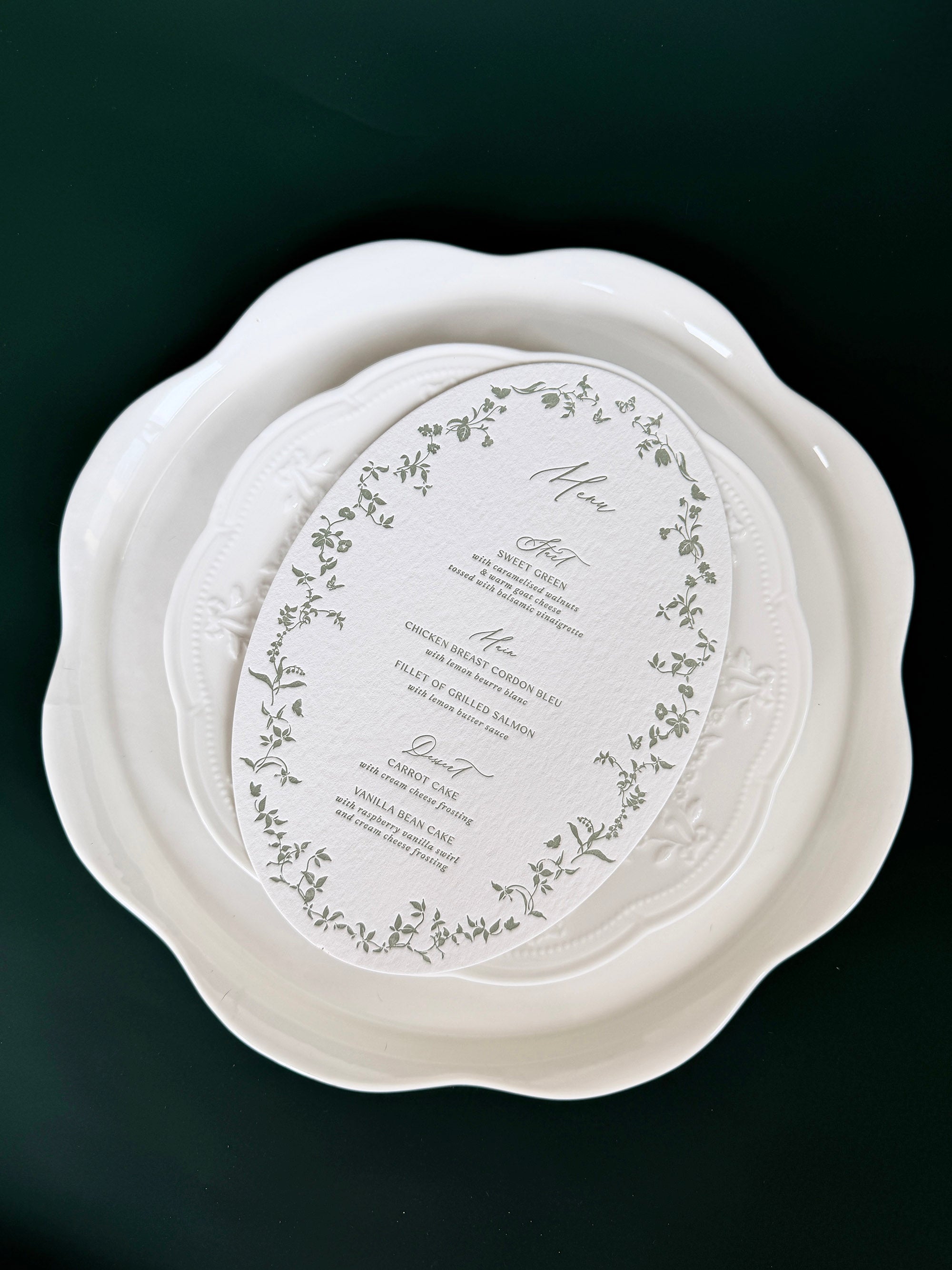 Oval Letterpress Wedding Menu Card, Garden Floral Reception Decor, Custom Elegant Dinner Menu