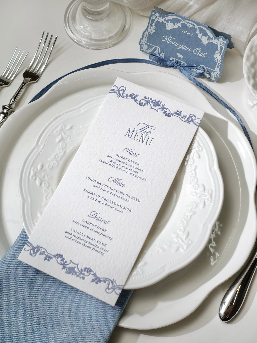 Dusty Blue Rococo Letterpress Wedding Menu Card & Place Card with ribbon