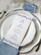Dusty Blue Rococo Letterpress Wedding Menu Card & Place Card with ribbon