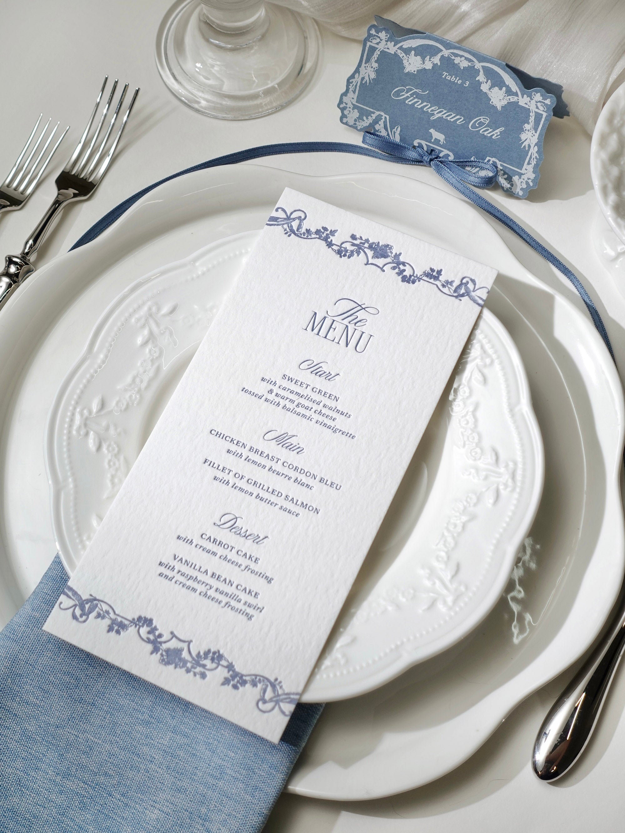 Dusty Blue Rococo Letterpress Wedding Menu Card & Place Card with ribbon