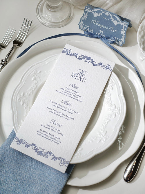 Dusty Blue Rococo Letterpress Wedding Menu Card & Place Card with ribbon
