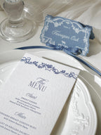 Dusty Blue Rococo Letterpress Wedding Menu Card & Place Card with ribbon