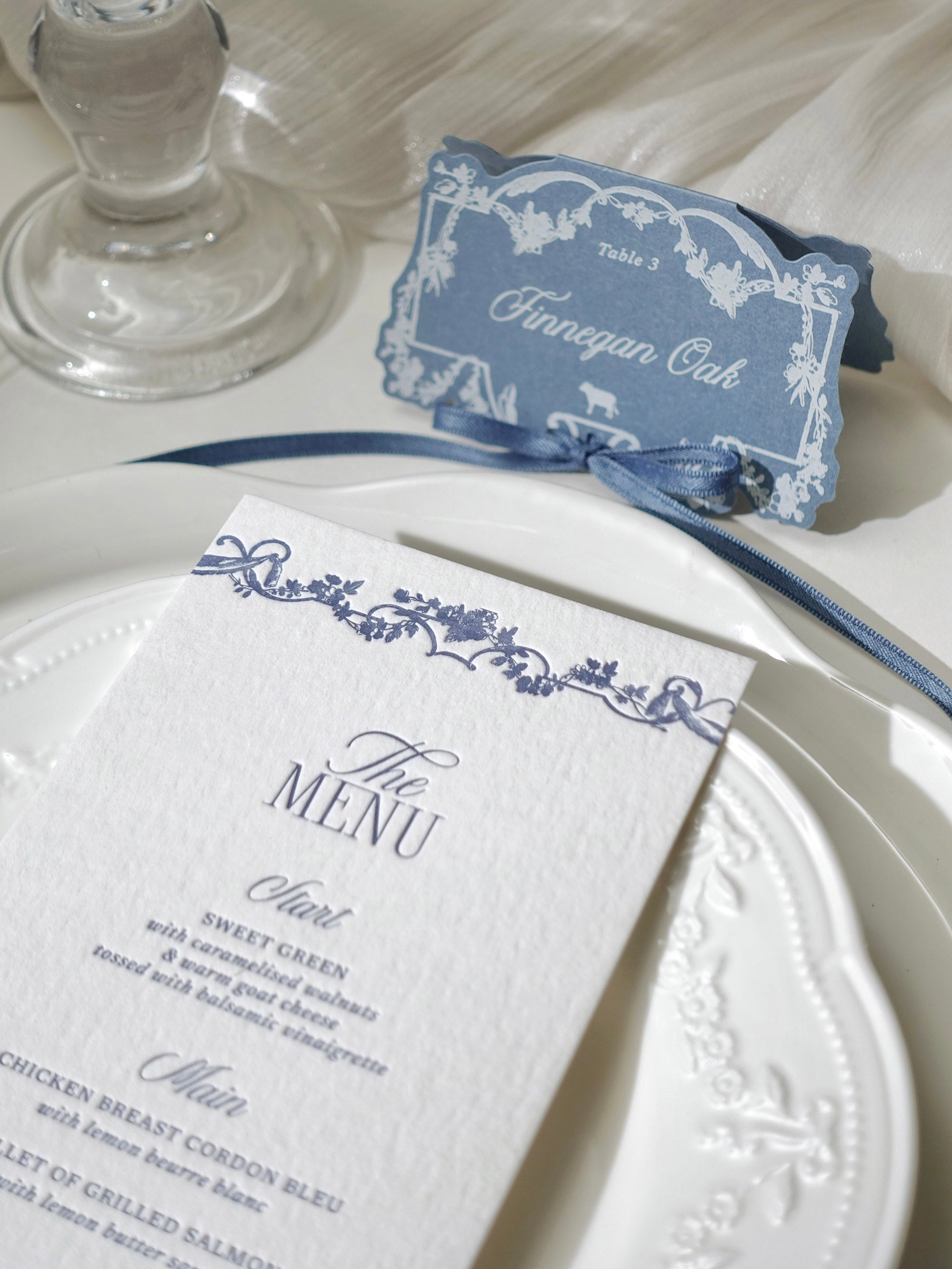 Dusty Blue Rococo Letterpress Wedding Menu Card & Place Card with ribbon