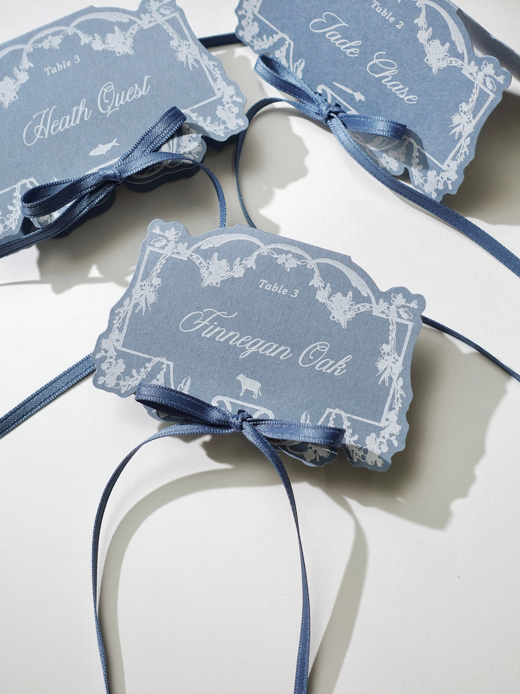 Dusty Blue Rococo Letterpress Wedding Menu Card & Place Card with ribbon