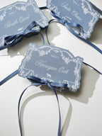 Dusty Blue Rococo Letterpress Wedding Menu Card & Place Card with ribbon