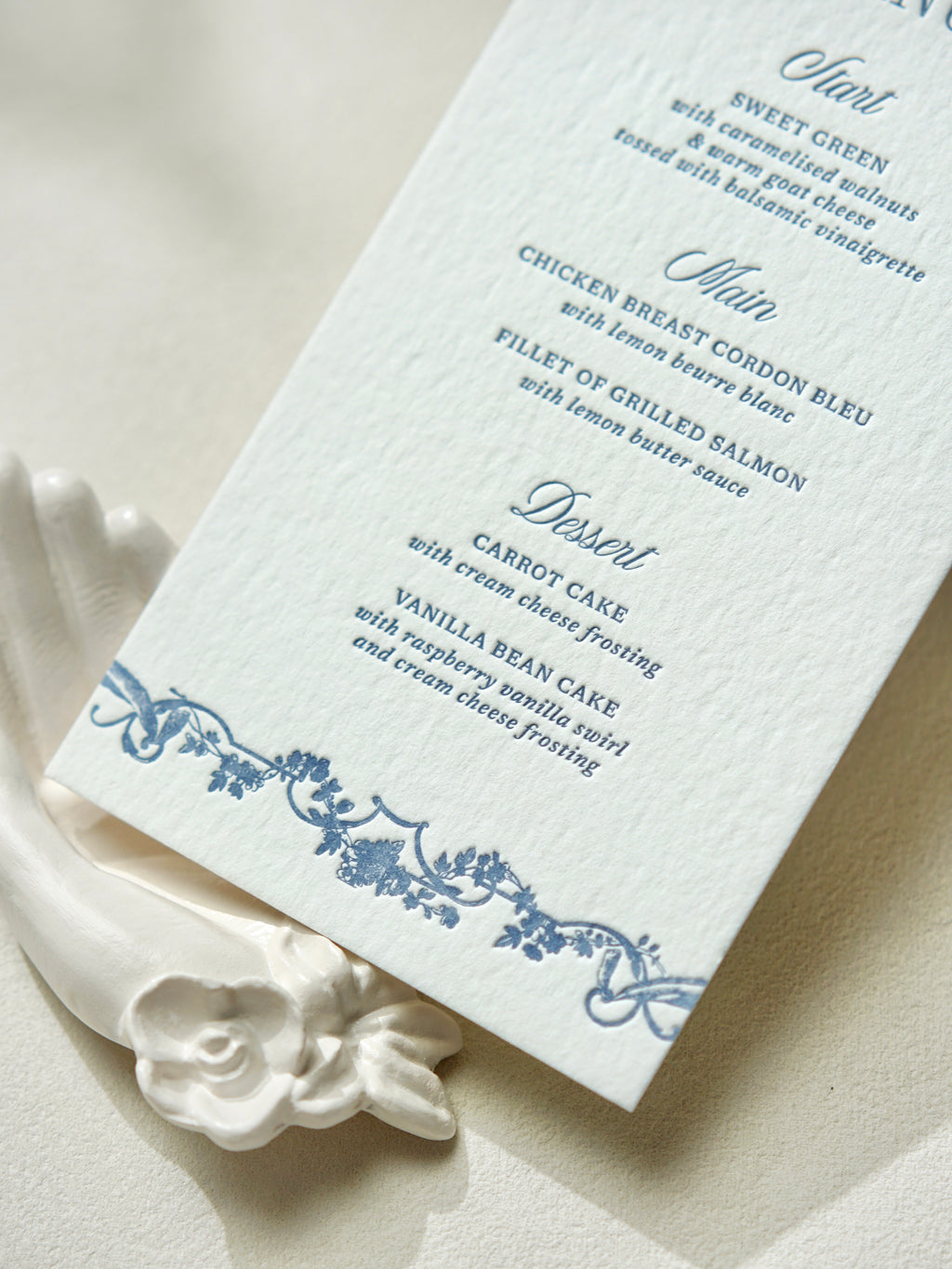 Dusty Blue Rococo Letterpress Wedding Menu Card & Place Card with ribbon