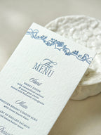 Dusty Blue Rococo Letterpress Wedding Menu Card & Place Card with ribbon