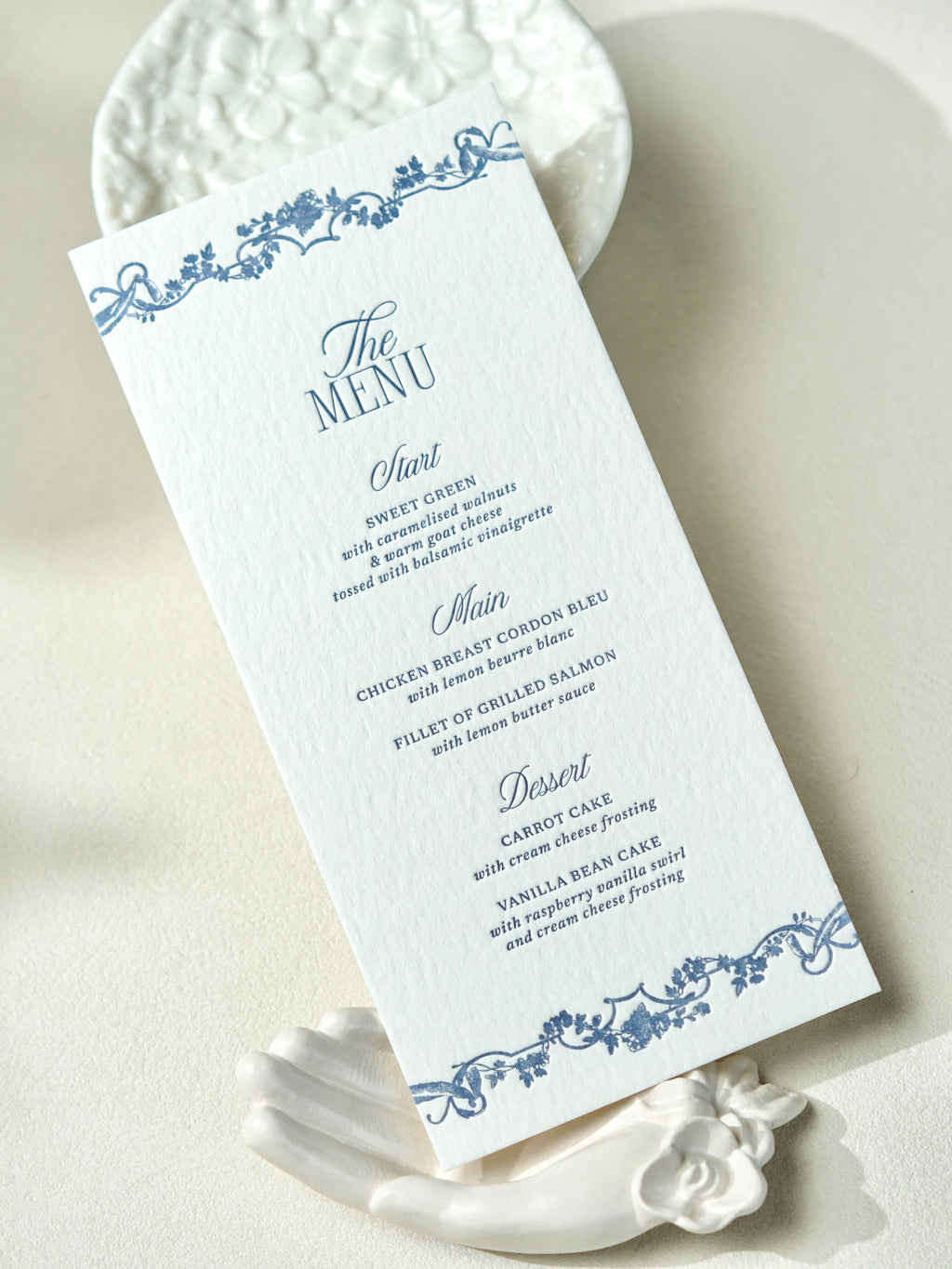 Dusty Blue Rococo Letterpress Wedding Menu Card & Place Card with ribbon