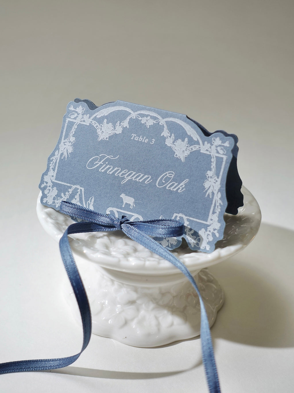 Dusty Blue Rococo Letterpress Wedding Menu Card & Place Card with ribbon