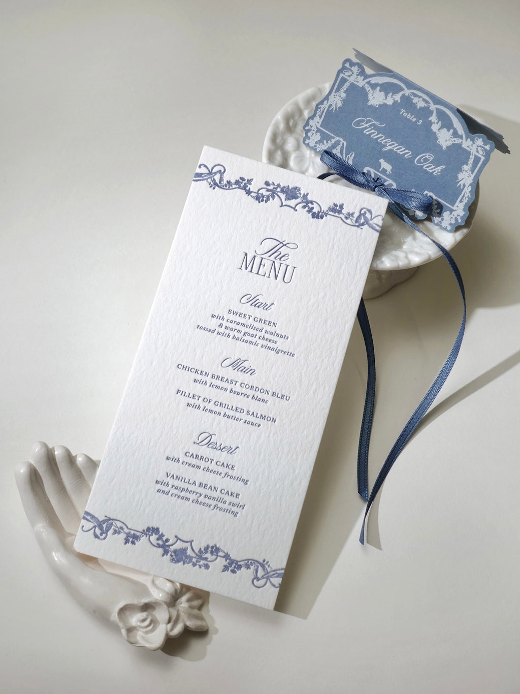 Dusty Blue Rococo Letterpress Wedding Menu Card & Place Card with ribbon