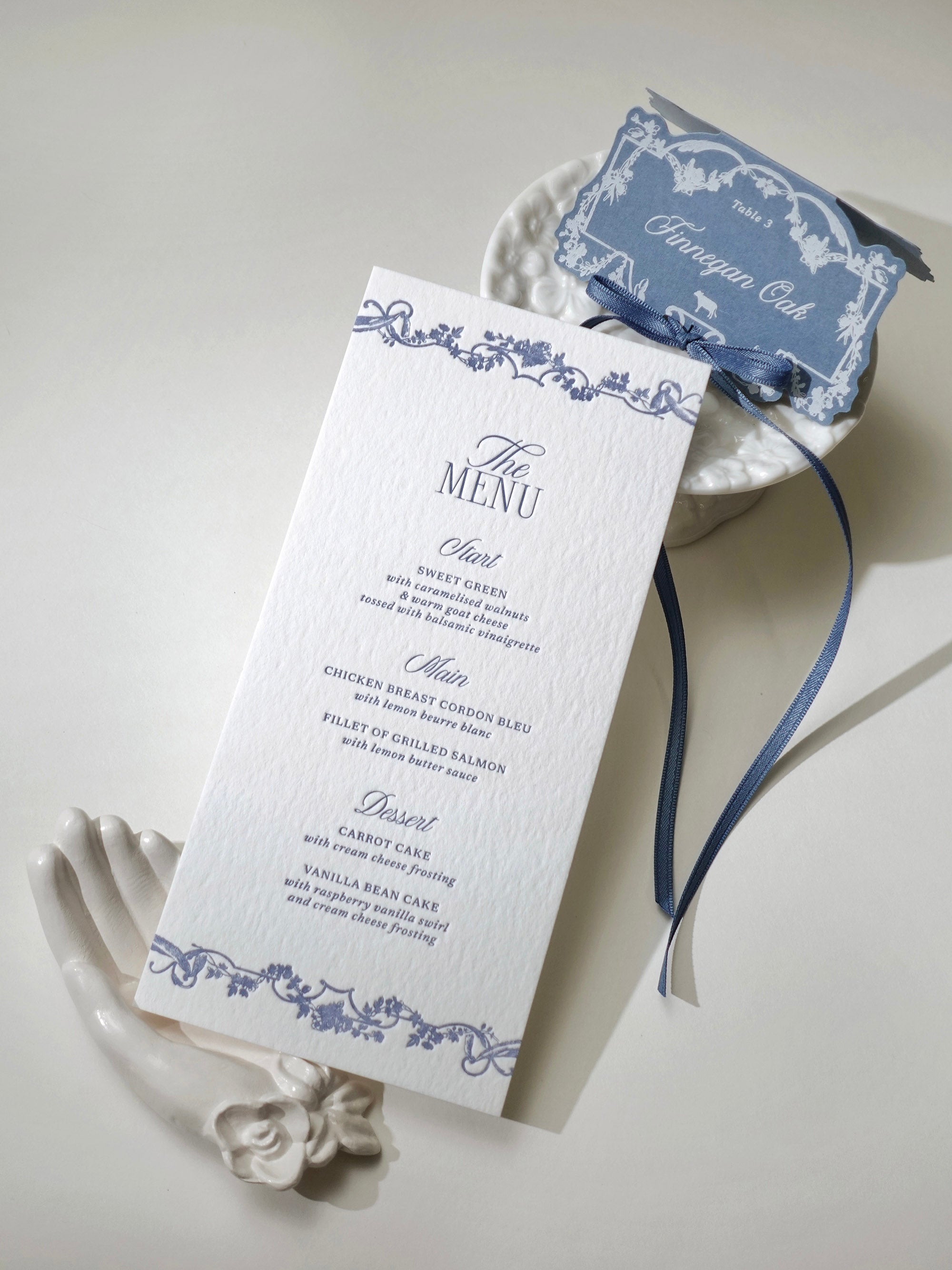 Dusty Blue Rococo Letterpress Wedding Menu Card & Place Card with ribbon