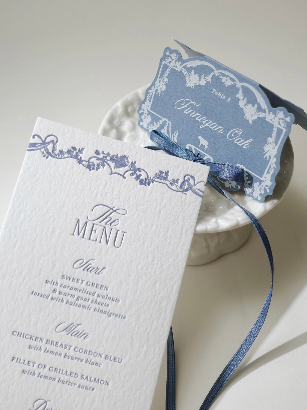 Dusty Blue Rococo Letterpress Wedding Menu Card & Place Card with ribbon