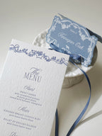 Dusty Blue Rococo Letterpress Wedding Menu Card & Place Card with ribbon